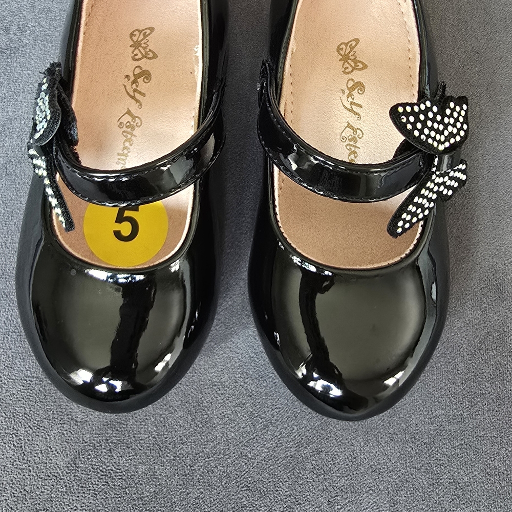 Self Esteem Shiny Black Kids Dress Shoes with Rhinestone Butterfly